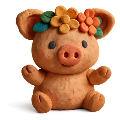 playful and cute piglet with a flower crown, textured look, claymation style sticker