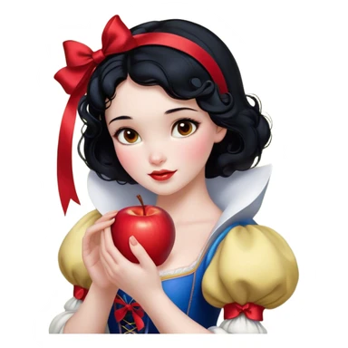 Cinematic Realistic Snow White Portrait, depicted with lifelike skin texture, soft natural lighting, and intricately detailed black hair styled with a red ribbon. Her soft brown eyes radiate innocence and kindness, complemented by a warm, gentle smile. She holds an apple in one hand, her other hand resting against her cheek, embodying her purity and charm. She is dressed in her classic yellow, blue, and red gown, the fabric rich in texture with delicate folds that catch the light beautifully. The portrait features a soft, natural glow with a radiant finish, capturing the essence of timeless beauty in a realistic and painterly style. sticker