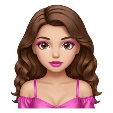 girl with long wavy brown hair, brown eyes, long lashes makeup, sexy pink lips, light to medium complexion, wearing a pink sexy top sticker