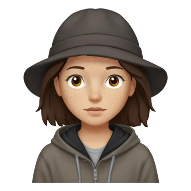 Hobo tomboy with light skin, freckles, shoulder-length center-parted dark brown hair. brown eyes, dark brown hoodie, grey shirt. Black flat brimmed hat sticker
