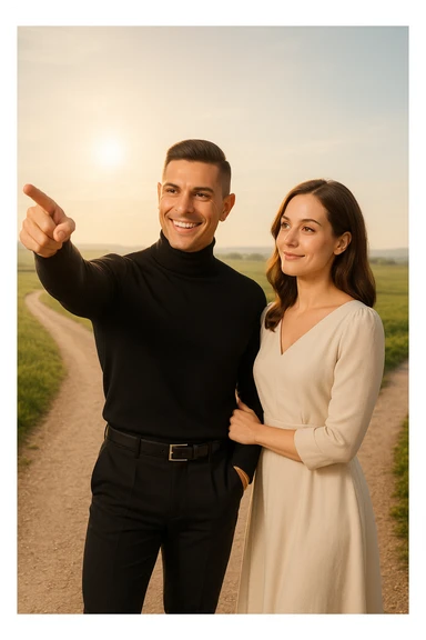 a man stands confidently at a crossroads, pointing toward a clear path ahead. Beside him, a woman looks at him con fiducia e serenità, pronta a seguirlo. Entrambi sono ben vestiti e sorridenti, immersi in un paesaggio luminoso che simboleggia nuove opportunità e un viaggio condiviso. sticker