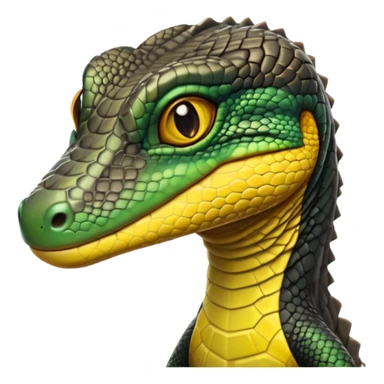 cinematic-realistic-cute-monitor-lizard-portrait-emoji,-head-tilted-playfully-and-inquisitively,-featuring-a-compact,-agile-body-with-finely-detailed,-glossy-scales-in-earthy-black and yellow-hues-and-a-distinct,-alert-face-with-bright,-curious-eyes, black , yellow spotted and green band  scales and a big long neck sticker