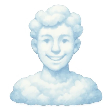 a bright and recognizable person from shoulders up, front view, composed of cloud shapes similar to the reference clouds, no text sticker