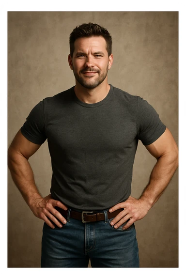 a dominant man with hands on hips, charismatic, wearing a casual outfit sticker