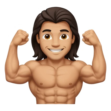 muscled happy guy showing biceps, long dark hair sticker