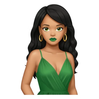 Rihanna black hair, hazel eyes, green dress sticker