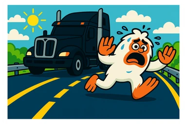 Add clear road stripes to the highway, keeping the small, scared abominable snowman in front of the black semi truck, both on the same side of the road with a guardrail and the semi at a 45-degree angle. Maintain the bright, distant highway view. The style should remain consistent with the original image's look and feel. sticker