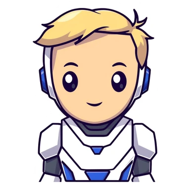 Male robot face with blond hair, sharp features, neutral expression, white collar, futuristic assistant sticker