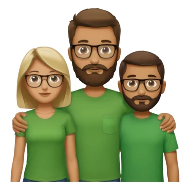 A family consisting of a man who's bearded, tanned, wearing glasses, a woman, slightly tanned, and a 14 year old teenage boy, slightly tanned, wearing a green t-shirt, not everyone is wearing glasses,  sticker