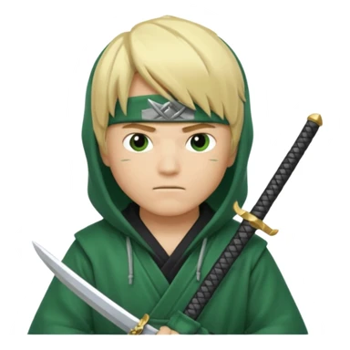 Green ninja Lloyd garmadon blonde hair, kaptur hoody on his head but blonde grzywka visible; the bottom left one is best (the one without miecze + black band + no mask of face) but add miecz; I want no band on head  sticker