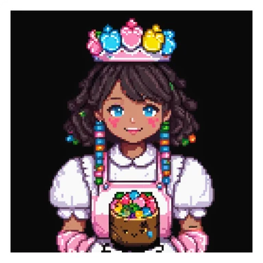 Portrait of a baker dressed in pink candy-themed clothes, gummy bears on his sleeves, rock candy crown, marshmallow gloves, skeuomorphism style sticker