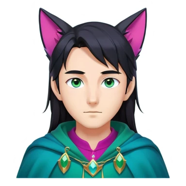 anime man with long-straight-dark-black hair, long black fox ears with pink Scapha, colorful-gradient-brown-turquoise eyes, gold earring, dark-blue-sweater, green cape, white pupils sticker