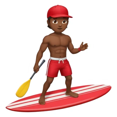 Dark, muscular surfer wearing red shorts and a baseball cap Hawaii sticker
