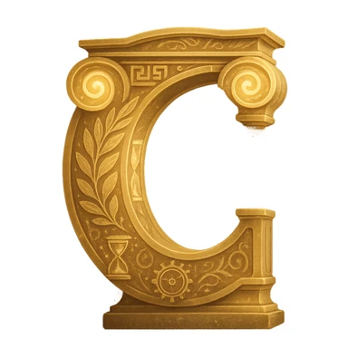 letter C designed to look like a Greek temple column, with subtle godly motifs and a mystical aura, referencing Chronos, only the letter C sticker