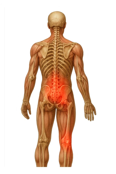 corpo umano anatomico con mal di schiena e al ginocchio, iperrealiùstico 4k sticker