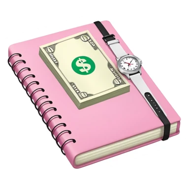 Libreta rosa, reloj blanco y un dolar sticker