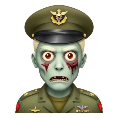 A male zombie emoji with a miltary hat on its head with an evil face sticker
