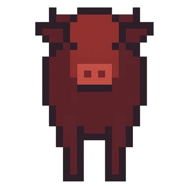 Change the pixel art Aberdeen Angus cow to a red coat, keep front view, minimal details, no background, in pixel art style. sticker