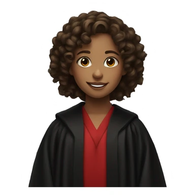 a young girl with curly brown hair, brown eyes, bigger front teeth, shes light skinned and dressed in a black robes with red tie sticker