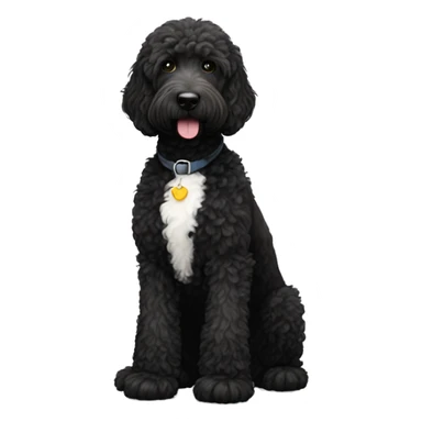 black labradoodle with small white  sticker