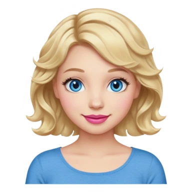 Girl Blonde short wavy hair,  blue eyes, cute blue top, long lashes, pink lips, smiling, 🙅🏻‍♀️ sticker