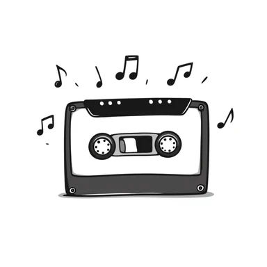 A hand-drawn cassette tape with music notes floating around it sticker