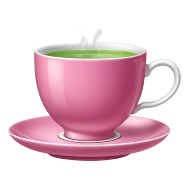 dark pink teacup filled with green tea, placed on a matching pink saucer, with gentle steam rising from the cup.  sticker