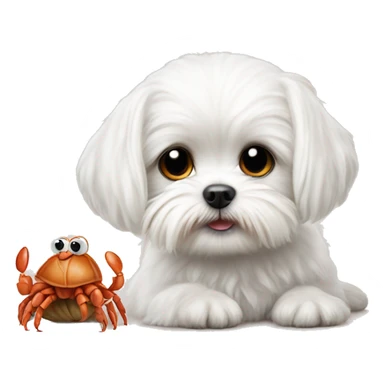 Adorable white Maltese posing with an adorable hermit crab sticker