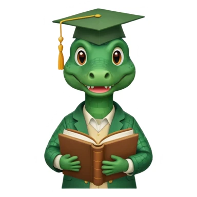 A claymation-style academic alligator with a book. The background is a solid white circle sticker