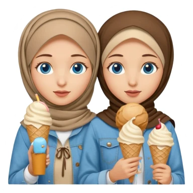 Turkish beautiful finish Konya two girls blue eyes with beige denim hijab islamic dress and had on her hand ice cream sticker