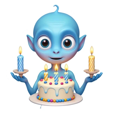 A cute friendly alien holding a birthday cake with candles, big expressive eyes, bright colors, cartoon style, playful atmosphere, 3D animated look, Pixar-inspired, highly detailed
 sticker