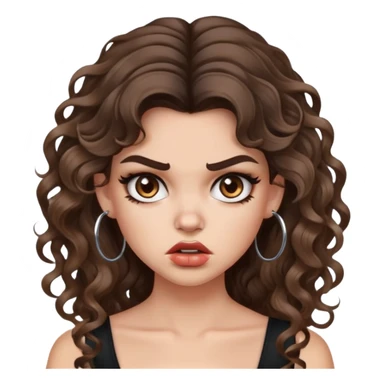 cute girl with not volominous VERY LONG curly/wavy brunette hair with balayage, brown eyes, full lips, baddie clean girl makeup and hoop earrings white girl: ANGRY FACE sticker
