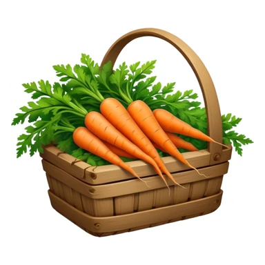 Cinematic vibrant orange carrot, crisp and fresh, slightly twisted with green leafy tops, arranged in a rustic wooden basket, natural and inviting. sticker