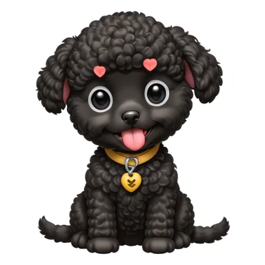 A high-resolution square-format digital illustration of a black toy poodle puppy in a clean, emoji-inspired semi-realistic style. The poodle is shown from the chest up, facing forward with a slight tilt of the head to the left, tongue out playfully. sticker