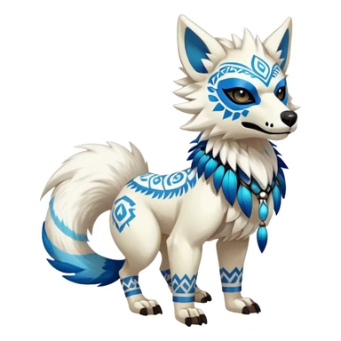 Furry cute colorful exotic tribal feral anime-styled Fakémon-Pokémon-animal-creature with a white wolf-skull-head-mask-face, and blue feathers around neck, with long furry ears, long furry tail, 4 legs, (full body), with intricate pattern-markings sticker