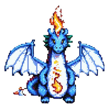 pixel art dragon with tiny wings, breathing a small flame sticker