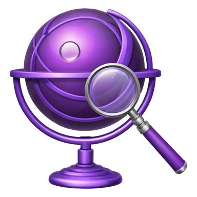 Minimal purple icon: a planet with connecting lines and a magnifying glass. Glossy, transparent background. sticker