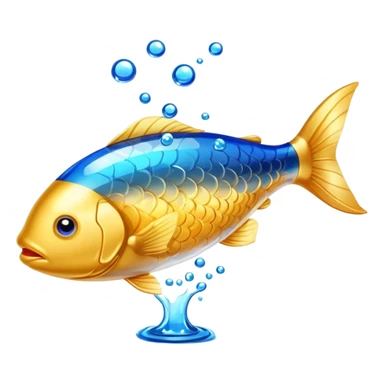 Golden omega-3 fish oil capsule with small fish swimming around it, blue liquid waves, brain and heart benefits visualization sticker