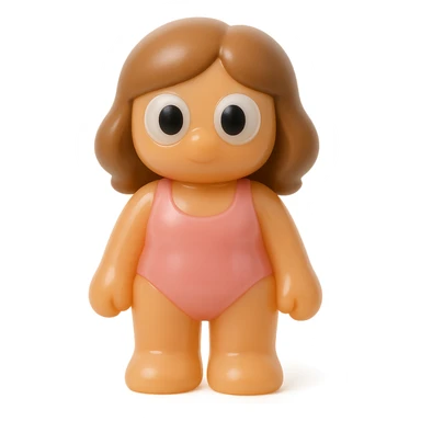 full-body beach girl, retro 90's toy style, very transparent and slightly see-through, natural tan skin, brown hair, pink swimsuit, large round derpy eyes like reference turtle, soft plastic texture, soft reflections, soft and squishy, some cloudiness, not shiny, highly detailed, appealing, no tag, no background sticker