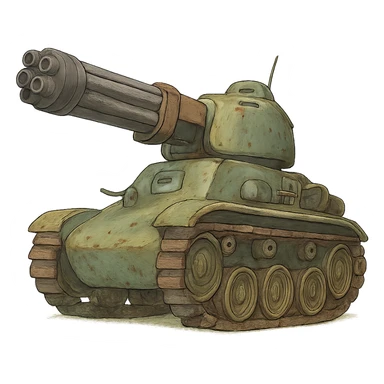 ghibli style tank with a gatling gun mounted sticker
