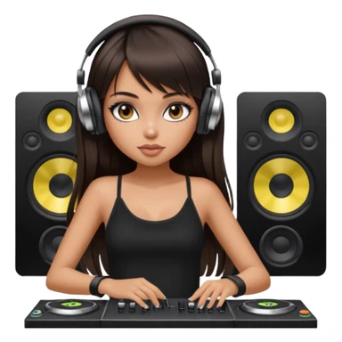 generate a pretty bratz girl in black cami top, dark brown straight long hair with bangs, eyeliner on, djing sticker