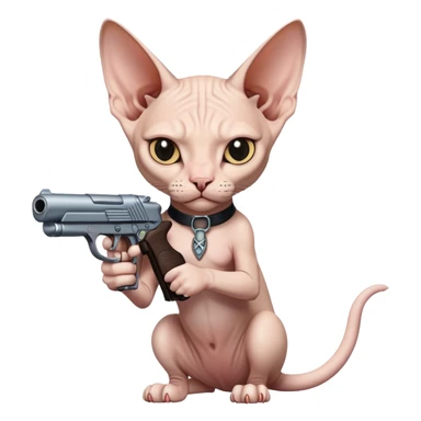 Sphnyx cat named haydes holding gun sticker