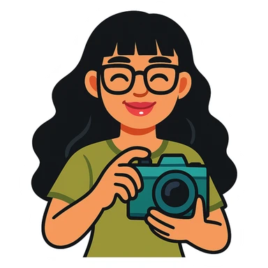 girl with long wavy black hair, bangs, black glasses, pink lip gloss, holding a teal camera, closed smile, light moss green shirt, vibrant cartoon style sticker