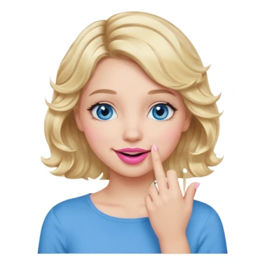 Girl Blonde short wavy hair,  blue eyes, cute blue top, long lashes, pink lips, smiling, hand over the mouth sticker