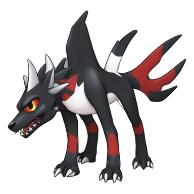Black Cool Edgy Nargacuga-Houndoom-Garchomp Fakémon Digimon with Red and white Edgy markings, full body, outlined sticker