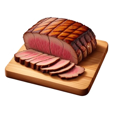 Cinematic smoked brisket, deep mahogany crust, perfectly sliced to reveal juicy marbled meat, warm smoky aroma, served on a wooden board, rich and flavorful, ultra-detailed and appetizing. sticker
