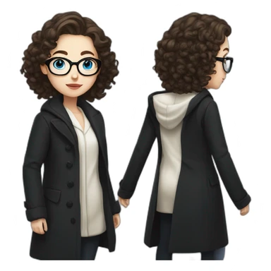 full length girl in a black coat, glasses with big blue eyes and white skin and curly brown long hair and aristocratic high cheekbones sticker