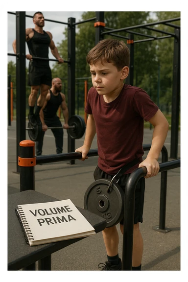 Atleta neofita giovane in un parco attrezzato per streetlifting, fisico ancora in fase iniziale. È intento a eseguire molte ripetizioni di esercizi a corpo libero con pesi leggeri (zavorra moderata), come trazioni e dip su parallele. Accanto a lui un taccuino di allenamento con la scritta 'Volume Prima'. L’atmosfera è luminosa e motivante, con altri atleti più muscolosi che sollevano carichi pesanti, ma lui è concentrato sul gesto tecnico e sulla costanza. Stile realistico, colori naturali, messaggio educativo su priorità all’adattamento progressivo e al volume. sticker