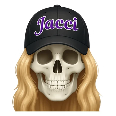Create a skeleton head wearing a black baseball cap that says " Jacqui " in purple, and white lettering, with long blonde hair sticker