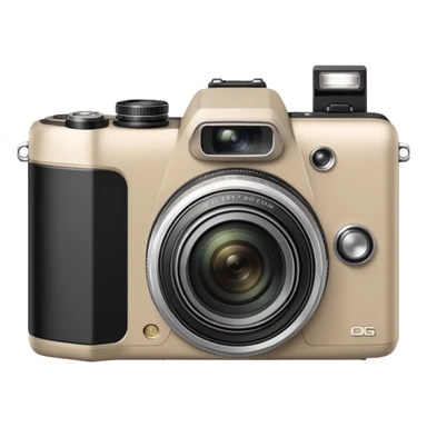 Ultra minimal Olympus Superzoom 70G camera, grayish-beige color, just basic rectangular shape with a tiny circle for lens, absolute minimum details sticker